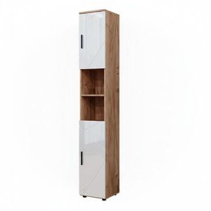 Vicco KOUPELNOVÁ SKŘÍŇKA Irma Bílý vysoký lesk/zlatý dub power 30 x 192 cm s dvířky a otevřenými přihrádkami obraz