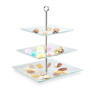 Relaxdays ETAŽÉR Transparentní Stříbrná 3-patrový Sklo Nerez 40 cm obraz