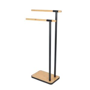 Relaxdays DRŽÁK NA RUČNÍKY Černá Přírodní ocel bambus stojací 2-tyčový 81 cm obraz