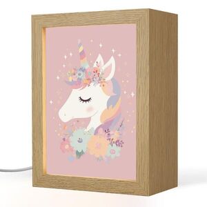 OnlyWow NOČNÍ LAMPIČKA Jednorožec - růžová - květiny 15x20 cm obraz