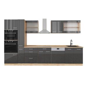 Vicco KUCHYŇSKÝ KOUT R-Line Antracitový vysoký lesk/zlatý dub power 350 cm s vysokou skříní, PD Dub obraz
