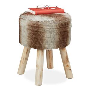 Relaxdays TABURET Hnědý Šedý umělá kožešina kulatý dřevěné nohy V 42 cm obraz