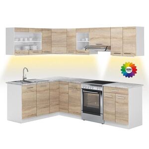 Vicco ROHOVÁ KUCHYŇSKÁ LINKA R-Line, Sonoma/Bílá, 247 x 167 cm s pracovní deskou s páskem LED obraz