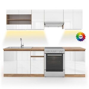 Vicco KUCHYŇSKÁ LINKA R-Line, Bílá vysoký lesk/Bílá, 240 cm S pracovní deskou s páskem LED obraz