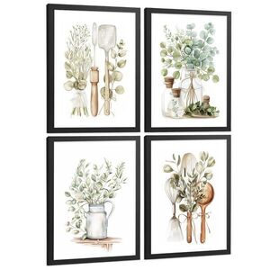 Nacnic PLAKAT Sada 4 dekorativních nástěnných tisků, Botanická kuchyně. Bohémský venkovský styl. Rustikální kuchyně. Zelené rostliny. Velikost Černý r obraz
