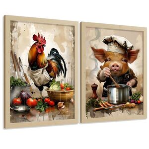 Nacnic PLAKAT Sada 2 Animal Chef A4 Lehký dřevěný rám obraz