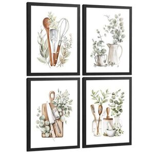 Nacnic PLAKAT Sada 4 dekorativních nástěnných tisků, Botanická kuchyně. Bohémský venkovský styl. Rustikální kuchyně. Velikost Černý rám A3 obraz