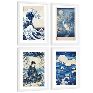 Nacnic PLAKAT Sada 4 Japan Blue A4 Bílý rám obraz