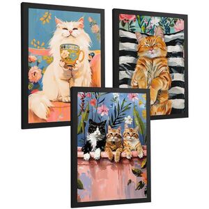 Nacnic PLAKAT Sada 3 Funny Cats A3 Černý rám obraz