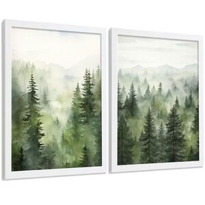 PLAKAT Sada 2 dekorativních tisků Nordic Forest Landscape obývák Obrázky - Zelené dekorativní plakáty Dekorace ložnice Obývací pokoj A4 bílý rám obraz