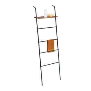 Relaxdays ŽEBŘÍK NA RUČNÍKY Černá Hnědá s policí 4 příčky ocel MDF 150 cm obraz