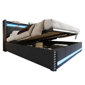OKWISH ČALOUNĚNÁ postel 180/200 cm šedá z lněné tkaniny s LED, USB a úložným prostorem obraz