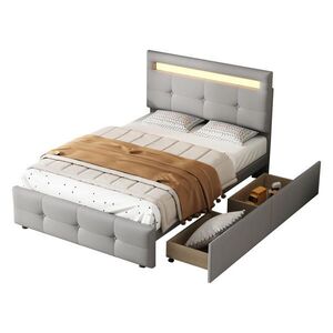 OKWISH ČALOUNĚNÁ postel 90/200 cm šedá s LED osvětlením a 2 zásuvkami obraz