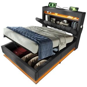 OKWISH ČALOUNĚNÁ postel 90/200 cm šedá z lnu s LED osvětlením, úložným prostorem a matrací obraz