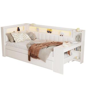 OKWISH POSTEL 90/200 cm bílá z MDF a překližky s čalouněním LED osvětlením USB a výsuvným lůžkem obraz