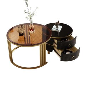 OKWISH KONFERENČNÍ stolek 70/70/45 cm černý z MDF a skla se 2 zásuvkami obraz