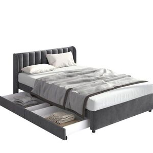 OKWISH ČALOUNĚNÁ postel 160/200 cm šedá ze sametu s roštem a 2 zásuvkami obraz