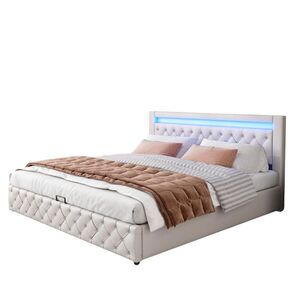 OKWISH ČALOUNĚNÁ postel 160/200 cm bílá z PU s LED osvětlením a úložným prostorem obraz