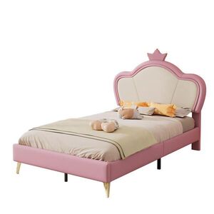 OKWISH DĚTSKÁ čalouněná postel 90/200 cm růžová a bílá z PU s korunovým čelem a měkkými hranami obraz