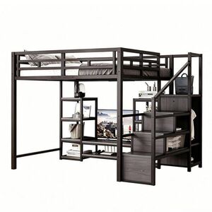 OKWISH PATROVÁ postel 140/200 cm černá z kovu a MDF s TV stolkem, zásuvkou a žebříkem obraz