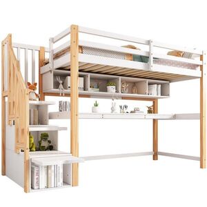 OKWISH PATROVÁ postel 90/200 cm bílá/dub z masivního dřeva a MDF s pracovní deskou a schody obraz