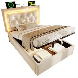 OKWISH ČALOUNĚNÁ postel 90/200 cm béžová ze sametu s LED, USB-C a úložným prostorem obraz