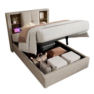 OKWISH JEDNOLŮŽKOVÁ postel 90/200 cm přírodní z lnu s úložným prostorem a bezdrátovým nabíjením obraz