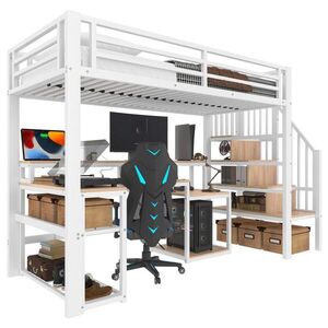 OKWISH VYSOKÁ postel 90/200 cm bílá z kovu a MDF s LED lištou s ovládáním přes aplikaci s psacím stolem obraz