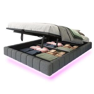 OKWISH ČALOUNĚNÁ postel 140/200 cm šedá z lnu s LED osvětlením a úložným prostorem obraz