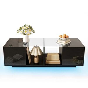 OKWISH KONFERENČNÍ stolek 120/50/38, 5 cm černý ze skla a MDF s LED osvětlením a úložným prostorem obraz