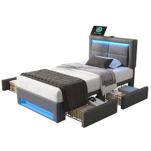 OKWISH ČALOUNĚNÁ postel 90/200 cm šedá z PU s LED osvětlením USB nabíjením a 4 zásuvkami obraz