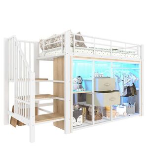 OKWISH POLOVYSOKÁ postel 90/200 cm bílá s LED osvětlením, 2 zásuvkami a otevřeným šatníkem z kovu a MDF obraz