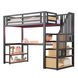 OKWISH PATROVÁ postel 90/200 cm černá z kovu a MDF s LED, zásuvkou, stolkem a policemi obraz