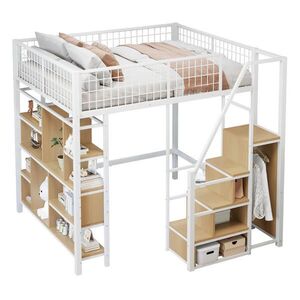 OKWISH VYSOKÁ postel 140/200 cm bílá s úložným prostorem a schody z kovu a dřeva obraz