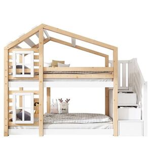 OKWISH PATROVÁ postel 90/200 cm přírodní/bílá z masivního dřeva a MDF s úložnými schody obraz