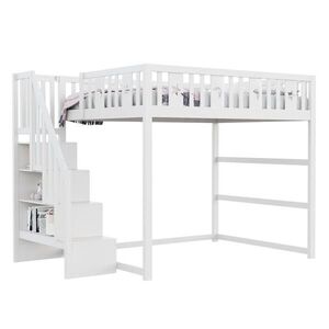 OKWISH DĚTSKÁ vysoká postel 253/145/171 cm bílá s úložnými schody a policemi z masivního dřeva obraz