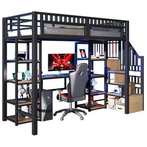 OKWISH VYSOKÁ postel 255/96/174 cm černá s psacím stolem a LED osvětlením z kovu a MDF obraz
