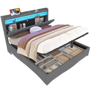 OKWISH ČALOUNĚNÁ postel 140/200 cm béžová z lnu s LED osvětlením a úložným prostorem obraz
