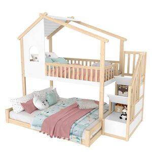 OKWISH PATROVÁ postel 90/200 cm přírodní bílá z borovice s úložným schodem, vzhled domu obraz