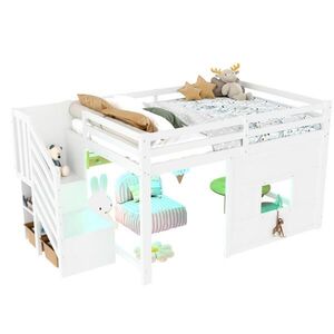 OKWISH VYSOKÁ postel 140/200 cm bílá s úložnými schody a LED z borovicového dřeva a MDF obraz