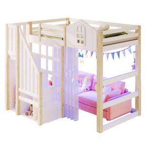 OKWISH PATROVÁ postel 90/200 cm bílá/přírodní z borovice s LED osvětlením a úložným žebříkem obraz
