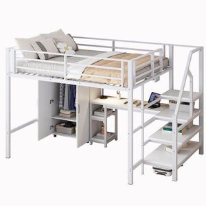OKWISH VYSOKÁ postel 255/145/160 cm bílá se skříní a psacím stolem z kovu a MDF obraz