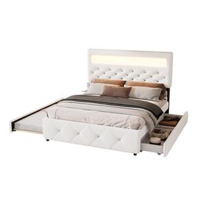 OKWISH ČALOUNĚNÁ postel 140/200 cm bílá z lnu a MDF s výsuvným lůžkem 90/191 cm a 2 zásuvkami obraz