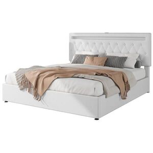 OKWISH ČALOUNĚNÁ postel 180/200 cm bílá z lnu a MDF s úložným prostorem a LED osvětlením obraz