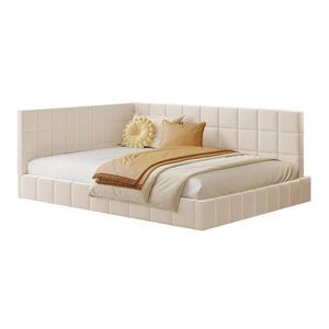 OKWISH ČALOUNĚNÁ postel 140/200 cm béžová z látky s lamelovým roštem a funkcí pohovky obraz