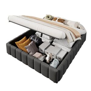 OKWISH ČALOUNĚNÁ postel 140/200 cm šedá z lnu s hydraulickým úložným prostorem obraz