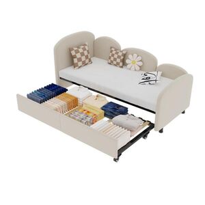OKWISH DĚTSKÁ postel 90/200 cm béžová z kovu a sametu s úložnou zásuvkou obraz