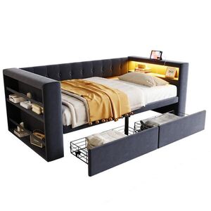 OKWISH ROZKLÁDACÍ postel 90/190 cm tmavě šedá z flanelu s LED osvětlením zásuvkou a úložným prostorem obraz
