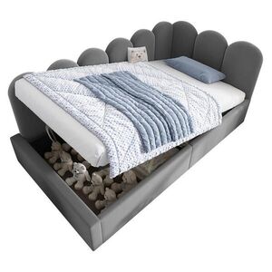 OKWISH DENNÍ postel 90/200 cm šedá ze sametu s úložným prostorem a hydraulickým roštem obraz