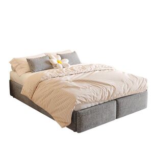 OKWISH ČALOUNĚNÁ postel 140/200 cm šedá z lnu a MDF s hydraulickým úložným prostorem a 2 zásuvkami obraz